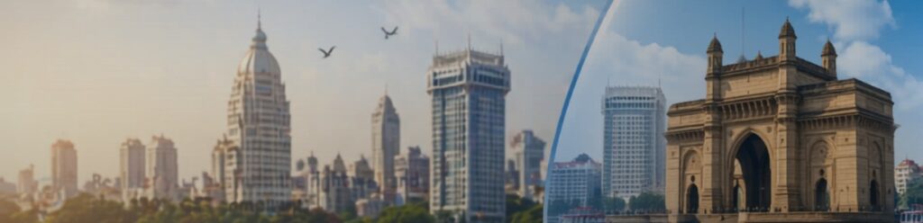 Panoramic view of Mumbai's skyline featuring modern skyscrapers and the iconic Gateway of India. | praveenjandassociate