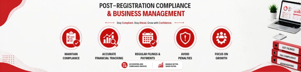 Post-registration compliance and business management, highlighting key areas such as maintaining compliance, accurate financial tracking, regular filings and payments, avoiding penalties, and focusing on business growth, with corresponding services for accounting and compliance. | praveenjandassociate