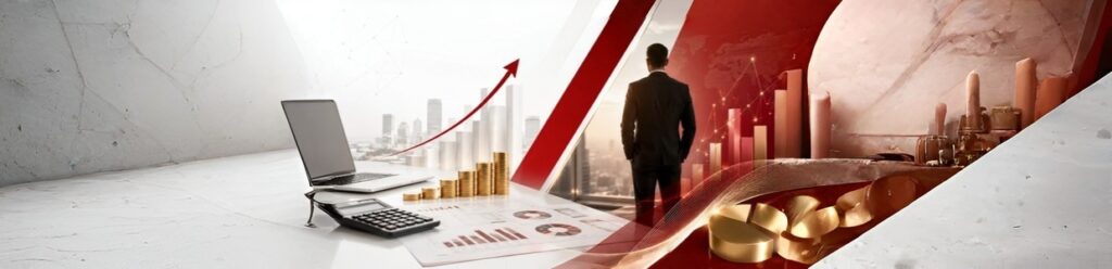 Business growth and financial success concept featuring a laptop, calculator, rising graph arrow, business charts, and a professional executive standing against a modern red and white corporate background | PraveenJ&Associates