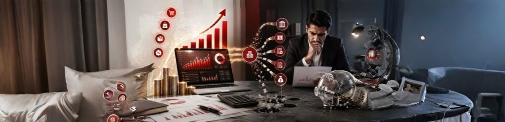 Professional businessman reviewing financial reports beside a laptop with rising business growth charts, digital marketing icons, and strategic analytics in a modern corporate workspace.