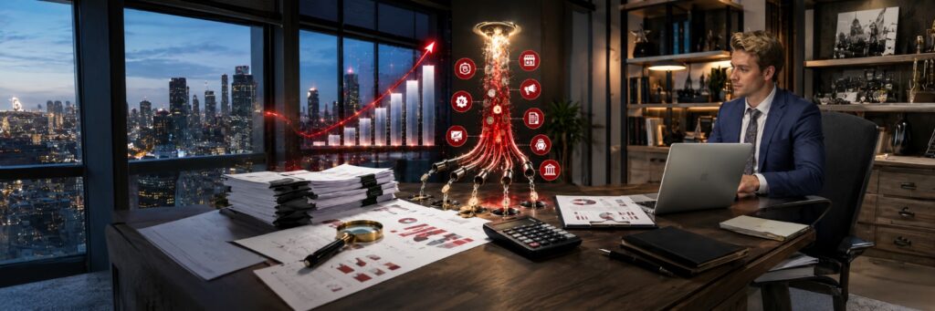 Professional businessman working on financial reports in a modern office with city skyline view, digital growth analytics, rising business charts, and marketing strategy icons displayed around the workspace.