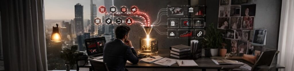 Business professional analyzing digital marketing and financial data in a modern office with city skyline view, lead generation funnel graphics, analytics dashboards, and business growth icons.
