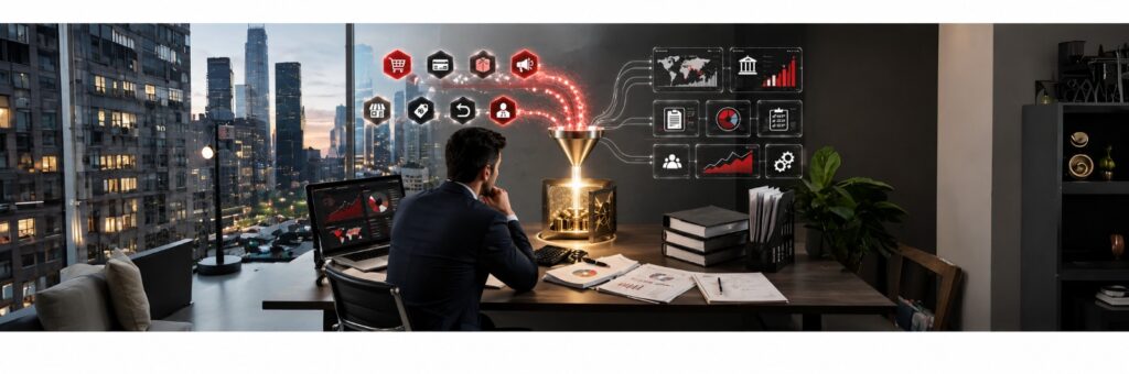 Business professional analyzing digital sales and marketing funnel data in a modern office with city skyline backdrop, performance dashboards, analytics reports, and business growth visualization.