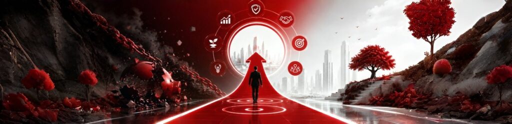Conceptual business growth journey with a professional walking toward a futuristic city through a glowing red pathway, surrounded by leadership, strategy, and success icons in a cinematic digital landscape.
