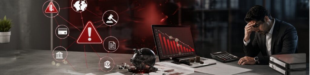 Stressed businessman reviewing financial losses with warning symbols, declining graph on computer screen, and compliance risk icons representing financial crisis and business uncertainty.