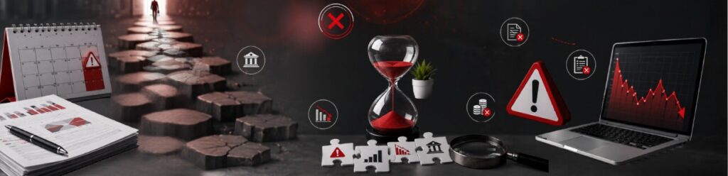 A dramatic financial risk concept image showing a declining business graph on a laptop, warning symbols, falling statistics, broken pathway steps, hourglass with red sand, financial documents, and compliance icons representing delays, financial instability, tax issues, and business uncertainty | PraveenJ&Associates