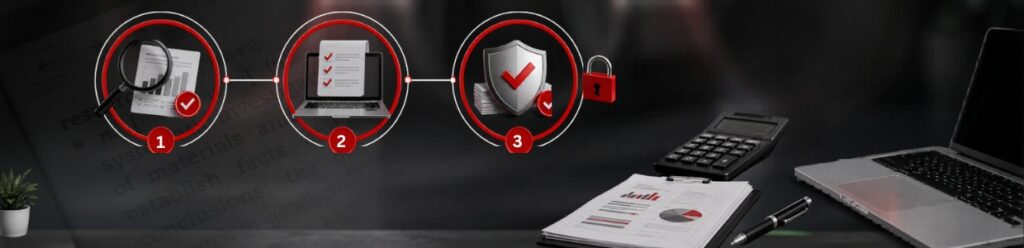 Financial compliance process illustration showing document verification, digital checklist, security protection, and tax audit workflow with financial reports and business tools.
