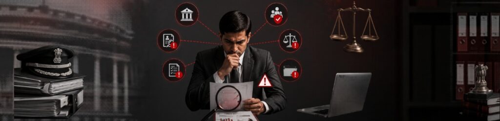 Business professional reviewing financial and legal documents with compliance warning icons, government symbols, and legal balance scale representing tax scrutiny, audits, and regulatory challenges.