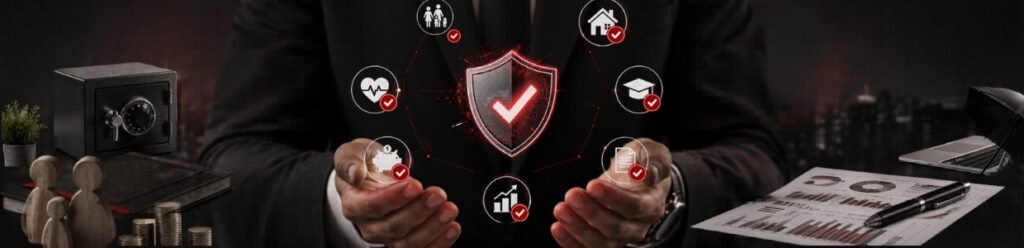 Financial protection and wealth security concept showing shield verification icon, insurance and investment symbols, financial reports, and business assets representing secure financial planning and compliance.