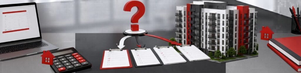 MHADA lottery ITR decision concept showing calculator, laptop, checklists, residential building model, and question mark representing filing choices and guidance.