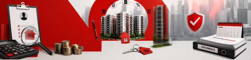 MHADA lottery income tax filing concept showing documents, calculator, residential housing, coins, and compliance shield representing tax process and verification | PraveenJandAssociates