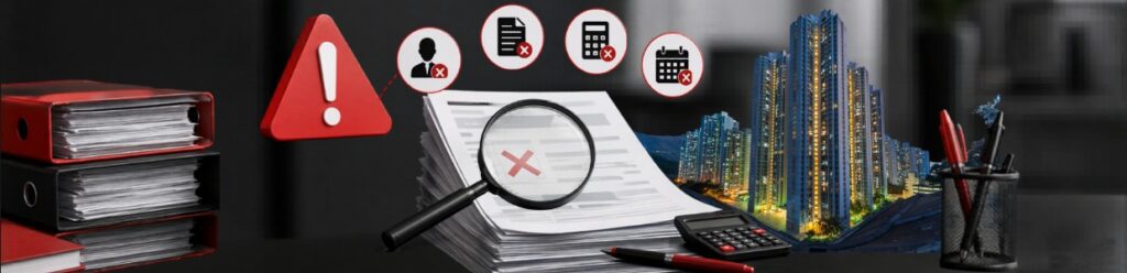 Income tax filing error and compliance concept showing documents, warning symbol, calculator, magnifier, and residential buildings representing ITR issues and verification process.