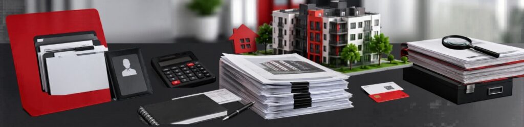 Document and property tax filing concept showing folders, calculator, residential building model, paperwork stack, and financial tools representing organized ITR and compliance process.
