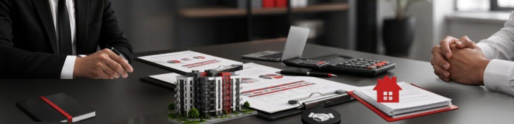 Income tax consultation scene showing professionals reviewing financial documents with calculator, charts, residential property model, and compliance paperwork on a desk.